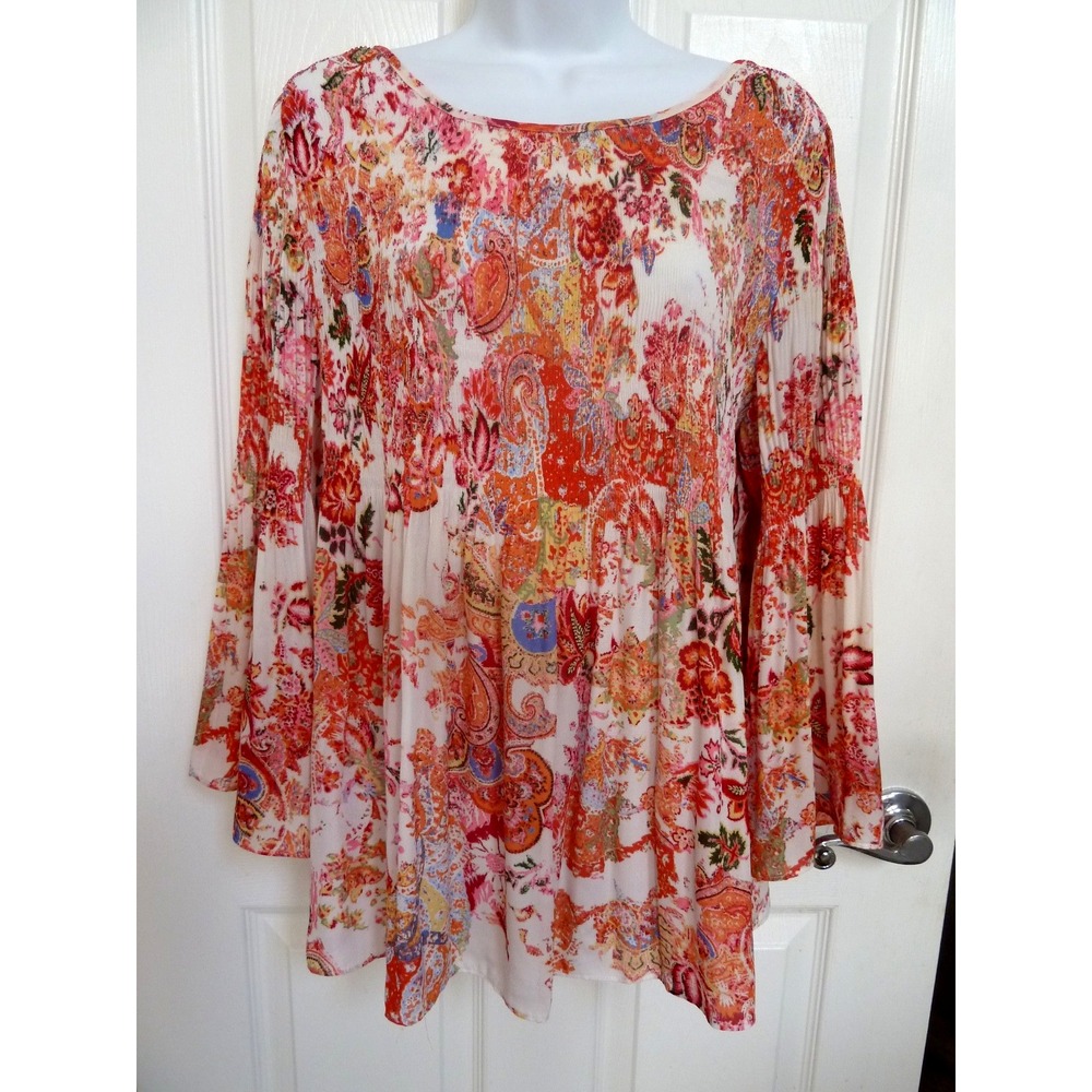 Floral & Ivy Women Colorful Abstract Paisley Smocked Flared Sleeve Blouse L